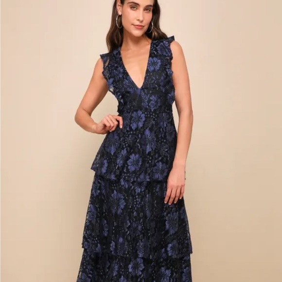 Lulu's Navy Blue Lace Ruffled Tiered Sleeveless Maxi Dress - Picture 1 of 8